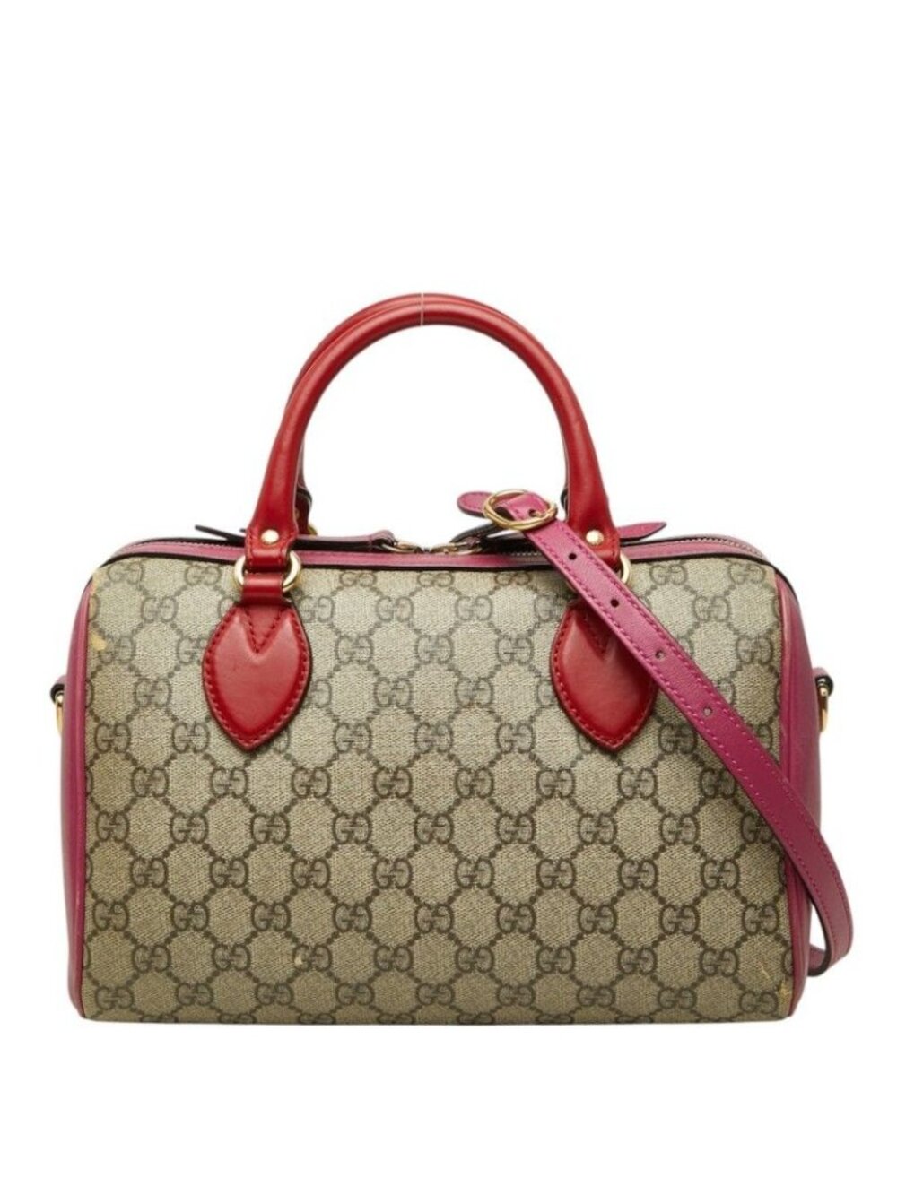 Gucci GG Supreme Mini Boston Bag 2-Way Beige Pink Red Leather